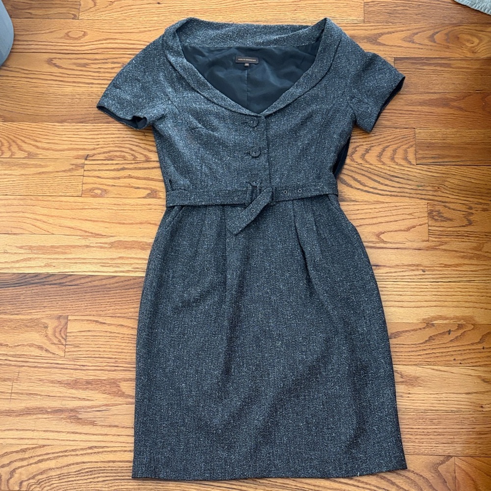 Adolfo Dominguez Charcoal Short-Sleeve Belted Sheath Dress